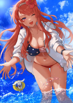 1girl alternate_costume american_flag american_flag_bikini american_flag_print artist_name bikini blue_sky braid breasts cloud day flag_print flag_print_bikini flower hair_flower hair_ornament hairband hibiscus highres jacket kantai_collection large_breasts long_hair looking_at_viewer navel nevada_(kancolle) nevada_kai_(kancolle) nevada_kai_mod.2_(swimsuit)_(kancolle) open_clothes open_jacket outdoors print_bikini red_bikini red_eyes red_hair shiomugi_(shio_mugi1107) shirt sky sleeves_rolled_up solo standing stomach swimsuit thighs twitter_username wading watermark white_hairband white_jacket