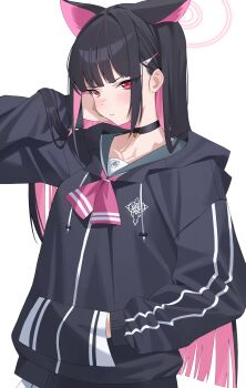 1girl absurdres alternate_hair_length alternate_hairstyle animal_ears black_choker black_hair blue_archive blush cat_ears choker closed_mouth colored_inner_hair ddog hair_ornament hairclip halo highres long_hair looking_to_the_side multicolored_hair pink_hair pink_halo purple_eyes school_uniform simple_background solo two-tone_hair upper_body very_long_hair white_background