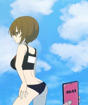 1boy 1girl animated animated_gif ass bouncing_breasts breasts brown_eyes brown_hair buruma butt_crack closed_mouth cum cum_in_pussy doggystyle girls_und_panzer hand_on_own_hip hetero large_breasts nishizumi_maho outdoors sex sex_from_behind short_hair sky sports_bra time_stop vaginal yumu_neko
