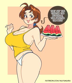 :d absurdres ahoge alternate_breast_size_(larger) ass bare_arms bare_shoulders blush border breasts brown_eyes brown_hair cleavage cowboy_shot delia_ketchum english_text food from_side fruit hands_up highres holding holding_plate huge_breasts legs_together long_hair looking_at_viewer low_ponytail mayu_naisu nintendo open_mouth orange_background outside_border panties parted_bangs patreon_username plate pokemon pokemon_(anime) ponytail sideboob smile standing tank_top teeth underwear upper_teeth_only watermelon watermelon_slice white_panties yellow_border yellow_tank_top