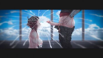 1boy 1girl aftersex black_hair blue_sky breasts bukkake cardin_winchester clothed_male_nude_female clothes_pull commentary completely_nude cum cum_in_mouth cum_on_body cum_on_breasts cum_on_hair cum_on_tongue cum_on_upper_body day ejaculation english_commentary erection excessive_cum closed_eyes facial hands_on_own_hips head_out_of_frame hetero highres kneeling kuon_(kwonchanji) large_penis letterboxed medium_breasts multicolored_hair nipples nude pants pants_pull penis projectile_cum puffy_nipples red_hair ruby_rose rwby short_hair sky solo_focus toned two-tone_hair uncensored vambraces window