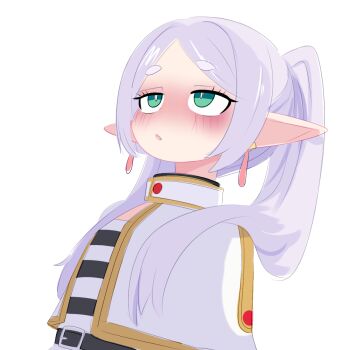 1girl belt black_belt blush capelet dress earrings elf frieren green_eyes jewelry kukuchi581 long_hair looking_up open_mouth pointy_ears sousou_no_frieren standing striped_clothes striped_dress twintails upper_body white_background white_capelet white_dress white_hair