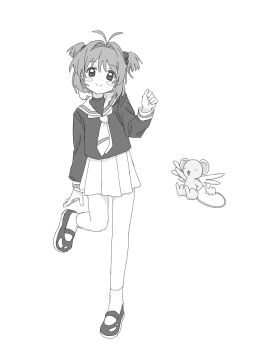 1girl antenna_hair blush_stickers cardcaptor_sakura full_body greyscale hair_bobbles hair_intakes hair_ornament highres kero_(cardcaptor_sakura) kinomoto_sakura long_sleeves monochrome neckerchief school_uniform serafuku short_hair smile socks standing standing_on_one_leg tomoeda_elementary_school_uniform two_side_up uhase