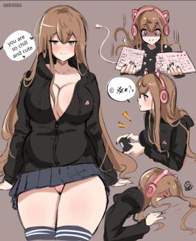 1girl animal_ear_headphones animal_ears bags_under_eyes breaking breasts cat_ear_headphones cat_ears censored censored_text controller english_text face_in_pillow fake_animal_ears headphones holding holding_controller hood hoodie large_breasts long_hair looking_at_viewer multiple_views neet_girl_(noiretox) no_bra noiretox original panties pantyshot pillow pink_panties plump skirt speech_bubble thighhighs thighs underwear