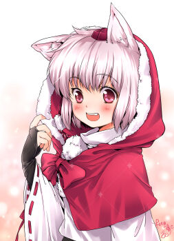 1girl :d animal_ears artist_name black_gloves blush bridal_gauntlets capelet commentary dress fang gloves grey_hair hat highres hood hood_up hooded_capelet inubashiri_momiji kanda_aya looking_at_viewer open_mouth red_capelet red_eyes red_hat ribbon-trimmed_sleeves ribbon_trim short_hair signature smile solo tokin_hat touhou turtleneck turtleneck_dress upper_body white_dress wolf_ears