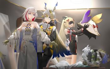 1other 3girls alternate_costume arknights bare_shoulders black_gloves black_pants blindfold_mask blonde_hair blue_eyes blue_hair closed_mouth colored_inner_hair cosplay costume_switch crossover dragon_girl dragon_horns dressing_another earrings eastern_dragon_tail fingerless_gloves gloves grey_hair grey_tube_top gun hair_between_eyes hair_intakes hair_ornament handgun highres holding honkai:_star_rail honkai_(series) horns jacket jewelry long_hair long_sleeves looking_back mask mirror multicolored_hair multiple_crossover multiple_girls nanjou_yoshino navel numby_(honkai:_star_rail) open_mouth pants ponytail red_hair reflection short_hair shu_(arknights) strapless tassel tassel_earrings thigh_strap thighs topaz_(honkai:_star_rail) trigger_(zenless_zone_zero) trotter_(honkai:_star_rail) tube_top two-tone_hair very_long_hair voice_actor_connection weapon white_hair xiongjiajie-dd zenless_zone_zero