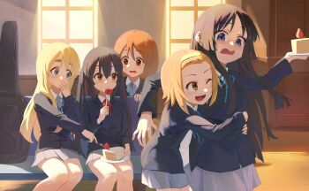 5girls :d ;d absurdres akiyama_mio amor_(user_tzka2743) black_eyes black_hair blazer blue_eyes blue_ribbon blue_skirt brown_eyes cake clubroom collared_shirt food fork fruit grey_skirt hairband highres hirasawa_yui ho-kago_tea_time holding holding_fork holding_plate hug hug_from_behind indoors instrument_case jacket k-on! kotobuki_tsumugi long_hair looking_at_another multiple_girls nakano_azusa neck_ribbon one_eye_closed open_clothes open_jacket open_mouth plate pleated_skirt red_ribbon ribbon sakuragaoka_high_school_uniform school_uniform shirt sitting skirt smile standing strawberry tainaka_ritsu twintails white_shirt window yellow_hairband
