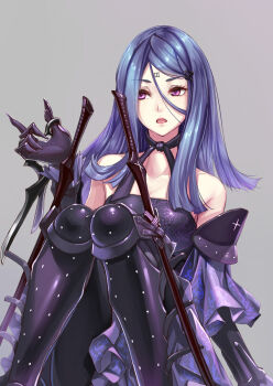 1girl bare_shoulders blue_hair breasts cleavage collarbone drag-on_dragoon drag-on_dragoon_3 eyelashes facial_mark feet_out_of_frame female_focus forehead_mark gloves gogo_(detteiu_de) grey_background hair_between_eyes hair_ornament highres knees_together_feet_apart long_hair medium_breasts open_mouth purple_eyes purple_gloves roman_numeral solo straight_hair three_(drag-on_dragoon)