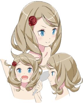 1girl arisa_(henkei_shoujo) blonde_hair blue_eyes breasts hair_ornament henkei_shoujo highres holding holding_spatula multiple_views nude official_art open_mouth parted_lips spatula transparent_background upper_body