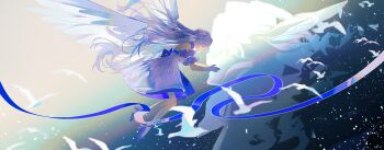 1girl :d absurdres angel_wings ankle_ribbon bare_shoulders bead_bracelet beads bird blue_background blue_ribbon bracelet brother_and_sister chinese_commentary choker closed_eyes crying detached_sleeves disintegration dress facing_another from_side full_body gloves hair_between_eyes hands_on_another&#039;s_face head_wings high_heels highres honkai:_star_rail honkai_(series) humanoid_robot jewelry leg_ribbon light_particles long_hair mojieovo no_halo open_mouth pink_background profile purple_choker purple_dress purple_hair purple_ribbon purple_shoes purple_sleeves rainbow ribbon robin_(honkai:_star_rail) robot septimus_(honkai:_star_rail) shoes short_sleeves siblings size_difference smile strapless strapless_dress sunday_(honkai:_star_rail) two-tone_background two-tone_dress very_long_hair white_dress white_gloves white_wings wings