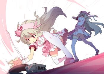 1girl apron bandaged_wrist bandages chop commentary_request dynamic_pose floating_hair full_body hair_ornament hat heart heart_print hitting karate long_hair natori_sana natori_sana_(nurse) nurse_cap petenshi_(dr._vermilion) pink_apron pink_hat pink_sandals rabbit_hair_ornament sana_channel sandals smear_frame standing thighhighs two_side_up virtual_youtuber white_thighhighs