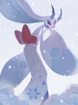 blue_eyes commentary_request froslass gen_4_pokemon highres horns ice ice_horns koso2023 looking_at_viewer mega_froslass mega_pokemon nintendo no_humans pokemon pokemon_(creature) pokemon_focus sash snowing solo