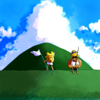 Rule 34 | 1boy, 1girl, absurdres, animal ears, black hair, black shorts, blonde hair, blue sky, butterfly net, cloud, commentary request, cookie (touhou), day, fishing, fishing rod, fox ears, fox girl, full body, grass, hand net, hat, hat on back, highres, holding, holding butterfly net, holding fishing rod, manatsu no yo no inmu, miramikaru riran, muimui (4242564muimui), open mouth, outdoors, shirt, short hair, shorts, sitting, sky, smile, sun hat, sunglasses, takuya (acceed), tank top, white shirt, white tank top, wide shot