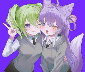 2girls absurdres arm_around_back arms_at_sides bad_tag blue_eyes choppy_bangs closed_mouth collared_shirt commentary_request cone_hair_bun double_bun drawstring fox_girl fox_tail green_hair grey_hoodie grey_sweater_vest hair_between_eyes hair_bun hair_intakes hair_ornament hair_rings hand_up heterochromia highres hood hood_down hoodie ji_(00443322zx) korean_commentary long_bangs long_sleeves looking_at_viewer medium_hair multiple_girls one_eye_closed open_mouth orange_eyes pom_pom_(clothes) pom_pom_hair_ornament purple_background purple_eyes school_uniform shirt simple_background stellive sweater_vest tail tenko_shibuki tongue tongue_out twintails unamused v v-shaped_eyebrows virtual_youtuber white_shirt wing_collar yuzuha_riko