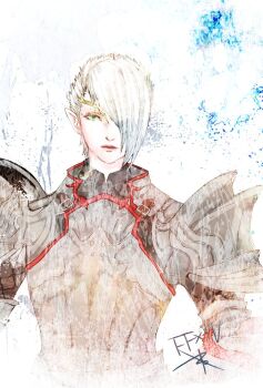 Rule 34 | 1girl, alternate ears, aqua eyes, armor, breastplate, circlet, copyright name, final fantasy, final fantasy xiv, gold circlet, hair over one eye, lucia junius, pauldrons, pink lips, pointy ears, ruka (blueplus84), short hair, shoulder armor, solo, white hair