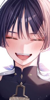 1boy black_bodysuit black_hair blunt_bangs blunt_ends blush bodysuit choppy_bangs closed_eyes colored_inner_hair covered_collarbone eyelashes eyeliner eyeshadow facing_viewer genshin_impact gold happy highres ma_d_k_89 makeup male_focus mandarin_collar multicolored_hair open_mouth portrait purple_hair red_eyeliner red_eyeshadow scaramouche_(genshin_impact) shoulder_peek solo teeth tongue upper_teeth_only wanderer_(genshin_impact) white_background