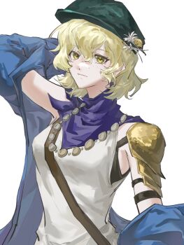 Rule 34 | 1girl, arm up, armor, blonde hair, blue coat, blue neckerchief, brume (reverse:1999), chinese commentary, closed mouth, coat, commentary request, flower, freckles, green hat, hand on own head, hat, hat flower, highres, jewelry, light smile, looking at viewer, neckerchief, necklace, newsboy cap, off shoulder, reverse:1999, short hair, shoulder armor, solo, tank top, upper body, white background, white flower, white tank top, yellow eyes, z. (emotional93615)