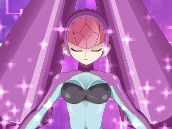 1girl armor bodysuit breasts cleavage closed_eyes em_wave_change_(mega_man) helmet henshin k0n0n luna_platz_(mega_man) mega_man_(series) mega_man_star_force_(series) mind_control multicolored_bodysuit purple_background purple_helmet queen_ophiuca_(mega_man) sparkle two-tone_bodysuit