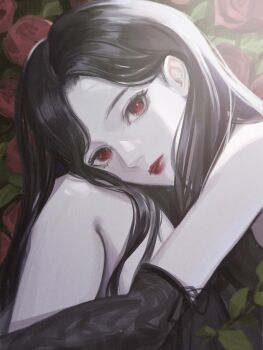 1girl black_hair black_sleeves commentary_request detached_sleeves doloyume expressionless flower highres long_hair looking_at_viewer original red_eyes red_flower red_lips rose solo