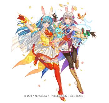 Rule 34 | 2girls, animal ear hairband, animal ears, aqua eyes, aqua hair, bare shoulders, bird, black pantyhose, blue eyes, blue hair, blue shirt, blush, boots, breasts, brown boots, brown gloves, commentary, commentary request, dress, eirika (fire emblem), eirika (spring company) (fire emblem), english commentary, fake animal ears, fake tail, fighting stance, fingerless gloves, fire emblem, fire emblem: radiant dawn, fire emblem: the sacred stones, fire emblem heroes, flower, gloves, grey hair, hair ribbon, hairband, holding, kippu, long hair, micaiah (fire emblem), micaiah (spring company) (fire emblem), mixed-language commentary, multiple girls, neckerchief, nintendo, official alternate costume, official art, open mouth, pantyhose, parted lips, purple neckerchief, purple vest, rabbit ears, rabbit tail, red boots, red gloves, red neckerchief, red shirt, ribbon, shirt, simple background, skirt, sleeveless, smile, stuffed animal, stuffed rabbit, stuffed toy, tail, thigh boots, vest, white hairband, white skirt, yellow eyes, yellow vest, yune (fire emblem)