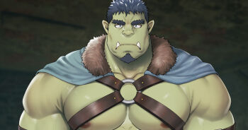 1boy bara bare_pectorals blank_stare blue_eyes cape colored_skin facial_hair forked_eyebrows fur-trimmed_cape fur_trim game_screenshot goatee green_skin large_pectorals leather looking_at_viewer male_focus mature_male mizuki_gai monster_boy muscular muscular_male nipples o-ring o-ring_top orc original paid_reward_available pectorals pointy_ears sanpaku short_hair solo thick_eyebrows tusks veins veiny_arms