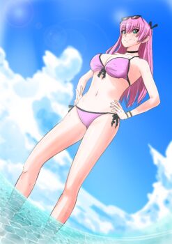 Rule 34 | 1girl, aikawa megumi, bikini, breasts, cloud, cloudy sky, commentary request, eyewear on head, green eyes, hair ornament, hands on own hips, heaven burns red, large breasts, long hair, navel, nittalow, ocean, pink hair, sky, smile, swimsuit