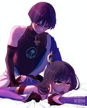 1boy 1girl alternate_hairstyle aqua_eyes arm_support armlet armor arms_at_sides artist_name ass asymmetrical_bangs bite_mark bite_mark_on_shoulder black_bodysuit black_bridal_gauntlets black_gloves blood_on_shoulder blue_cape blue_gem blue_kimono blunt_bangs blunt_ends blush bodysuit bridal_gauntlets cape clothes_down clutching_blanket couple detached_sleeves earrings elbow_gloves eyelashes frown gem genshin_impact gloves glowing_markings gold gold_trim grey_eyes grey_hair hair_between_eyes hair_down hetero hickey highleg highleg_leotard highres implied_penetration japanese_armor japanese_clothes jewelry juban kimono kote kurokote leotard lipstick looking_at_another looking_to_the_side lower_teeth_only lying makeup mona_(genshin_impact) moriko_ken11 on_blanket on_stomach open_clothes open_kimono open_mouth pantyhose parted_lips pink_lips prone_bone purple_hair purple_leotard purple_sleeves rolling_eyes scaramouche_(genshin_impact) sex sex_from_behind shoulder_peek single_bare_shoulder single_off_shoulder smeared_lipstick smirk star_(symbol) star_earrings star_ornament star_print strapless strapless_leotard sweat teeth tongue torn_clothes torn_pantyhose tsurime vision_(genshin_impact) wanderer_(genshin_impact) white_blanket white_kimono white_mouth