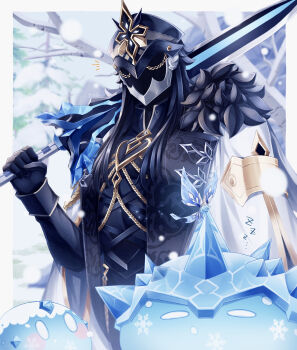 1boy absurdres black_fur black_gloves black_hair black_helmet black_shirt border cape capitano_(genshin_impact) collared_shirt commentary_request fur-trimmed_cape fur_trim genshin_impact gloves gold_trim helmet highres holding holding_sword holding_weapon long_hair long_sleeves male_focus outdoors over_shoulder shirt sleeve_cuffs snow sword sword_over_shoulder uouzzz upper_body weapon weapon_over_shoulder white_border white_cape winter