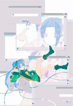 1boy 2girls black_boots black_hair blue_hair boots cable character_request check_character cursor double_bun dress falling green_dress hair_bun hand_on_headphones hand_on_own_cheek hand_on_own_face headphones highres kikokugai kong_ruili kong_taoluo long_hair long_sleeves looking_at_viewer looking_to_the_side multiple_girls multiple_views projected_inset short_dress tuzaixia twintails window_(computing)