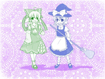2girls bad_id bad_pixiv_id bow broom bunny_(trickster) cat_(trickster) cosplay detached_sleeves dress female_focus gohei grin hair_bow hakurei_reimu hakurei_reimu_(cosplay) hat japanese_clothes kirisame_marisa kirisame_marisa_(cosplay) miko miya_na multiple_girls oonusa open_mouth smile standing touhou trickster_(ntreev_soft) witch witch_hat