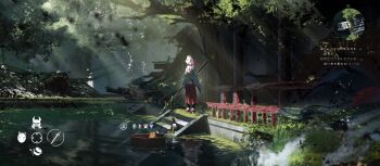 1girl absurdres asteroid_ill commentary_request day forest fox_mask geta grass hakama heads-up_display health_bar highres holding holding_polearm holding_weapon japanese_clothes kimono long_sleeves mask mask_on_head miko minimap nature original outdoors polearm purple_hair red_hakama ruins scenery sclera_(asteroid_ill) solo spear stairs standing sunlight tengu-geta translation_request tree user_interface water weapon white_kimono wide_shot wide_sleeves