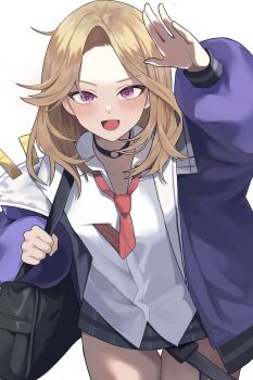 1girl absurdres bag blonde_hair blue_jacket choker commentary_request ein_(nikke) goddess_of_victory:_nikke gyaru highres jacket light_blush long_hair looking_at_viewer necktie necktie_in_pocket o-ring o-ring_choker open_mouth purple_eyes rakotis32566 red_necktie school_uniform shirt skirt smile solo standing thigh_gap thighs two-sided_fabric two-sided_jacket white_background white_shirt