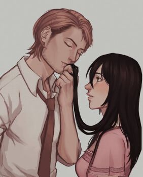 1boy 1girl affair astherya bad_tag beard_stubble betrayal black_hair blush brown_hair brown_necktie closed_eyes closed_mouth disgrace disgust facial_hair grey_background highres incest infidelity jean_kirstein long_hair looking_at_another mikasa_ackerman necktie netorare netorase official_alternate_costume open_mouth out_of_character shingeki_no_kyojin shirt short_hair sideburns simple_background stubble teeth third-party_source unfaithful white_shirt