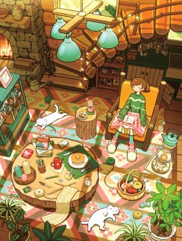 1girl absurdly_detailed_composition animal armchair basket blanket blush_stickers book book_stack bowl brown_hair candle cat chair checkerboard_cookie closed_eyes closed_mouth coaster coffee_grinder coffee_pot coffee_table commentary_request cookie cup cupboard dot_nose drinking_glass eraser fire fireplace fireplace_shovel fireplace_tool_stand firewood flower_pot food fork from_above green_leggings green_sweater heater highres honey honey_dipper hot_drink indoors jar kettle knife knitting_needle leggings loaded_interior log long_sleeves mug needle notebook notepad open_book original pancake pancake_stack pen pencil picture_frame pink_socks placemat plant plate ponytail potted_plant railing round_table rug scissors shelf short_hair sitting skirt sleeping sleeves_past_wrists slice_of_life slippers smile socks solo sploot steam string_of_light_bulbs sweater table tao_(tao15102) thumbprint_cookie tray vase watering_can white_cat white_skirt wide_shot window wooden_floor wooden_stairs yarn yarn_ball