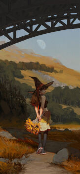 1girl absurdres arms_behind_back black_pantyhose black_shirt black_shoes bouquet bridge brown_hair canvas_texture closed_mouth clothes_around_waist commentary crop_top english_commentary flower forest from_behind grass green_eyes hat highres holding holding_bouquet long_hair looking_back nature original pantyhose path quiet_victories road rock scenery shirt shoes solo sunflower sweater sweater_around_waist tree under_bridge walking wide_shot witch_hat