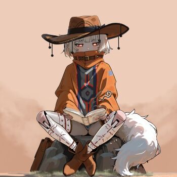 1girl absurdres amputee bag black_bow black_panties boagnnnnnnn book boots bow brown_bag brown_boots brown_hat brown_poncho buckle commentary covered_mouth cowboy_hat cowboy_western detached_collar doll_joints double_amputee english_commentary grey_sky hat hat_bow highres holding holding_book joints legless_amputee on_rock open_book original panties pointy_ears poncho prosthesis prosthetic_leg reading red_eyes short_hair sitting sky solo tail underwear white_hair