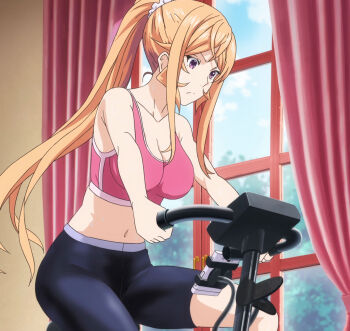 Rule 34 | 1girl, anime screenshot, bike shorts, black shorts, bra, breasts, closed mouth, collarbone, curtains, exercising, female focus, highres, indoors, large breasts, long hair, nakiri erina, navel, pink bra, ponytail, purple eyes, scrunchie, shokugeki no souma, shorts, sidelocks, sitting, solo, sports bra, stitched, third-party edit, underwear, very long hair, window