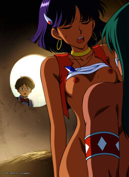 armband arms_at_sides artist_name bandeau bandeau_lift bare_shoulders blue_eyes blue_gemstone blunt_ends bob_cut bone_earrings bottomless bow bowtie breasts brown_hair closed_eyes clothes_lift collarbone collared_shirt commentary creampie_(artist) cropped_vest dark-skinned_female dark-skinned_male dark_skin earrings floating_neckwear fushigi_no_umi_no_nadia gem glasses gold_earrings green_hair groin hair_ornament hairclip hama-hama_(nadia) highres hoop_earrings hut indoors jean_roque_lartigue jewelry long_hair looking_inside missionary nadia_la_arwall narrow_waist neck_ring necklace netorare nipples open_clothes open_mouth open_vest peeking pendant purple_hair raised_eyebrows red_armband red_bow red_bowtie red_vest round_eyewear sex shirt short_hair small_breasts strapless surprised suspenders sweat teeth tube_top tube_top_lift upper_teeth_only vest voyeurism white_bandeau white_shirt white_trim white_tube_top wide_hips window