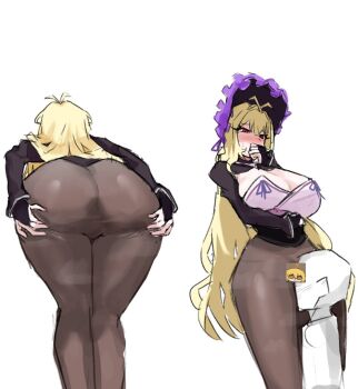 1girl 1other antenna_hair ass black_corset black_pantyhose black_shrug blonde_hair blush bonnet breasts catnip_scent censored cleavage corset dulcinea_(project_moon) frilled_bonnet frills head_between_thighs large_breasts limbus_company long_hair looking_at_viewer multiple_views no_pants pantyhose presenting presenting_ass project_moon purple_bonnet red_eyes shrug_(clothing) simple_background solo_focus spread_ass standing upper_body white_background