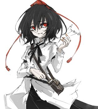 1girl aizettonagi ayaya~ bag black_bag black_hair black_ribbon black_skirt bright_pupils buttons closed_mouth collared_shirt fingernails hair_between_eyes hand_up hat highres light_smile long_hair looking_at_viewer nail_polish neck_ribbon orange_nails red_eyes red_hat ribbon shameimaru_aya shirt shoulder_bag simple_background skirt solo tokin_hat touhou upper_body very_long_hair white_background white_pupils white_shirt