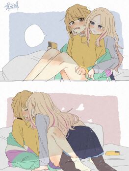 2girls aqua_hoodie black_pantyhose black_skirt blank_speech_bubble blonde_hair blue_eyes blush braid cellphone closed_eyes closed_mouth commentary fujita_kotone gakuen_idolmaster grey_shirt haniwa_hayate heart highres holding holding_phone hood hoodie idolmaster juo_sena kiss long_hair multiple_girls open_mouth pantyhose phone pink_streaks pleated_skirt shirt skirt smartphone speech_bubble twin_braids yellow_eyes yellow_shirt yuri