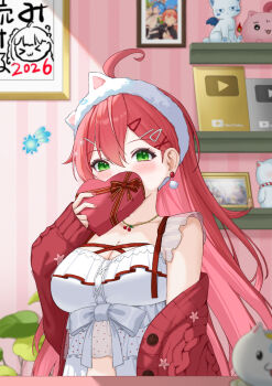Rule 34 | 0 albusart, 1girl, ahoge, animal ear hairband, animal ears, asymmetrical legwear, babydoll, blush, bow, box, breasts, cardigan, cat ear hairband, cat ears, commentary, double-parted bangs, earrings, english commentary, fake animal ears, fingernails, frilled babydoll, frills, front slit, gift, gift box, green eyes, hair between eyes, hair bow, hairband, heart-shaped box, highres, holding, holding gift, hololive, indoors, jewelry, long hair, looking at viewer, nail polish, navel, necklace, official alternate costume, official alternate hairstyle, pink nails, red cardigan, sakura miko, sakura miko (loungewear), short shorts, shorts, single earring, sitting, sleeves past wrists, socks, solo, thighhighs, valentine, virtual youtuber, youtube logo