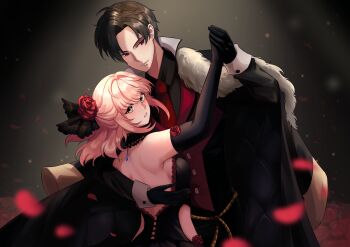 1boy 1girl bare_shoulders black_choker black_coat black_dress black_gloves black_hair blonde_hair breasts choker closed_mouth coat commentary dancing dress elbow_gloves english_commentary flower fur-trimmed_coat fur_trim gloves hair_flower hair_ornament hand_on_another&#039;s_back highres holding_hands long_sleeves looking_at_viewer lucifer_(obey_me!) male_focus mc_(obey_me!) medium_breasts obey_me!:_one_master_to_rule_them_all! parted_hair parted_lips petals red_eyes red_flower red_rose red_vest rose ryuuxin short_hair sideboob smile swept_bangs vest