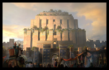absurdres arch assassin's_creed:_origins assassin's_creed_(series) babylon blue_sky brick_wall cloud cloudy_sky commentary elephant english_commentary garden highres market market_stall outdoors painterly palm_tree people polearm raphael-lacoste riding riding_animal scenery signature sky spear sunlight tree weapon