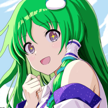 1girl bare_shoulders detached_sleeves green_hair kochiya_sanae looking_at_viewer mist9801km open_mouth portrait shirt sleeveless sleeveless_shirt smile solo sparkling_eyes touhou white_shirt