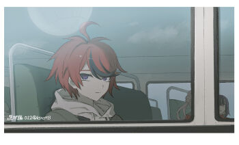 1girl 2boys ahoge black_hair blue_eyes closed_mouth commentary_request drawstring hai_(haihki) hair_between_eyes highres hood hood_down hoodie jacket jacket_over_hoodie multicolored_hair multiple_boys open_clothes open_jacket pink_eyes pink_hair red_hair red_shirt shirt short_hair smile streaked_hair sumino_takumi the_hundred_line_-last_defense_academy- tsukumo_ima tsukumo_kako two-tone_hair white_hoodie window