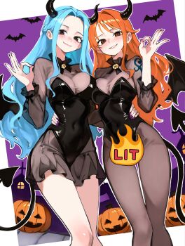 2girls absurdres bat_(animal) black_leotard blue_hair blush breasts brown_eyes demon_horns demon_tail demon_wings feet_out_of_frame frilled_skirt frilled_sleeves frills halloween halloween_costume hand_on_another&#039;s_waist highres horns kasumi_6 large_breasts leotard long_hair looking_at_viewer miniskirt multiple_girls nail_polish nami_(one_piece) nefertari_vivi ok_sign one_piece orange_hair pantyhose parted_bangs parted_lips pumpkin purple_nails see-through_clothes see-through_shirt shirt shoulder_tattoo single_sidelock skirt smile strapless strapless_leotard tail tattoo wavy_hair wings