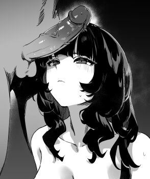 1boy 1girl absurdres black_background blunt_bangs blush closed_mouth commentary english_commentary erection gradient_background grey_background greyscale half-closed_eyes hetero highres long_hair looking_at_penis looking_up lynus meme monochrome naoko_(lynus) nude original penis penis_on_face portrait simple_background solo_focus sweatdrop uncensored upward_angle_frieren_drawing_(meme) variant_set
