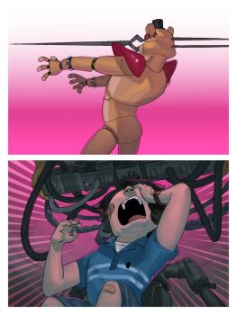 2boys artist_request bandaid bandaid_on_cheek bandaid_on_face bandaid_on_knee bandaid_on_leg bident blouse blue_shirt brown_hair five_nights_at_freddy&#039;s five_nights_at_freddy&#039;s:_security_breach freddy_fazbear furry furry_male glamrock_freddy gradient_background gregory_(fnaf) hat injury lance_of_longinus_(evangelion) machinery meme multiple_boys neon_genesis_evangelion open_mouth pain parody polearm scene_reference sequential shirt short_hair simple_background the_end_of_evangelion top_hat violence weapon what