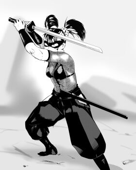 1girl absurdres female_focus highres monochrome one-punch_man shadow_ring_(one-punch_man) solo sword twintails weapon